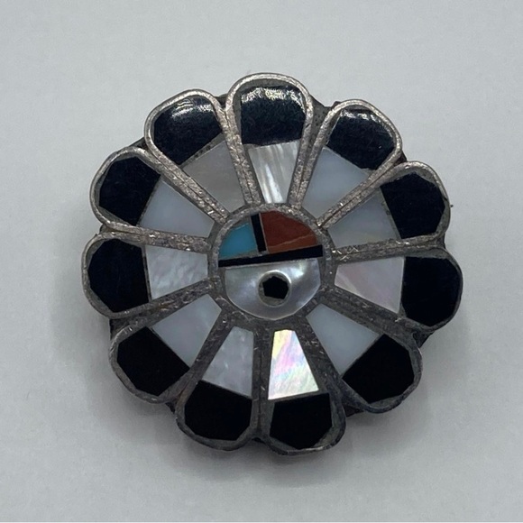 Other - Zuni Southwestern Sterling Silver Mother Of Pearl Onyx Gemstone Pendant/Brooch